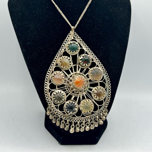 Huge chunky vintage silver tone pendant necklace 22” chain gemstones - Picture 5 of 11